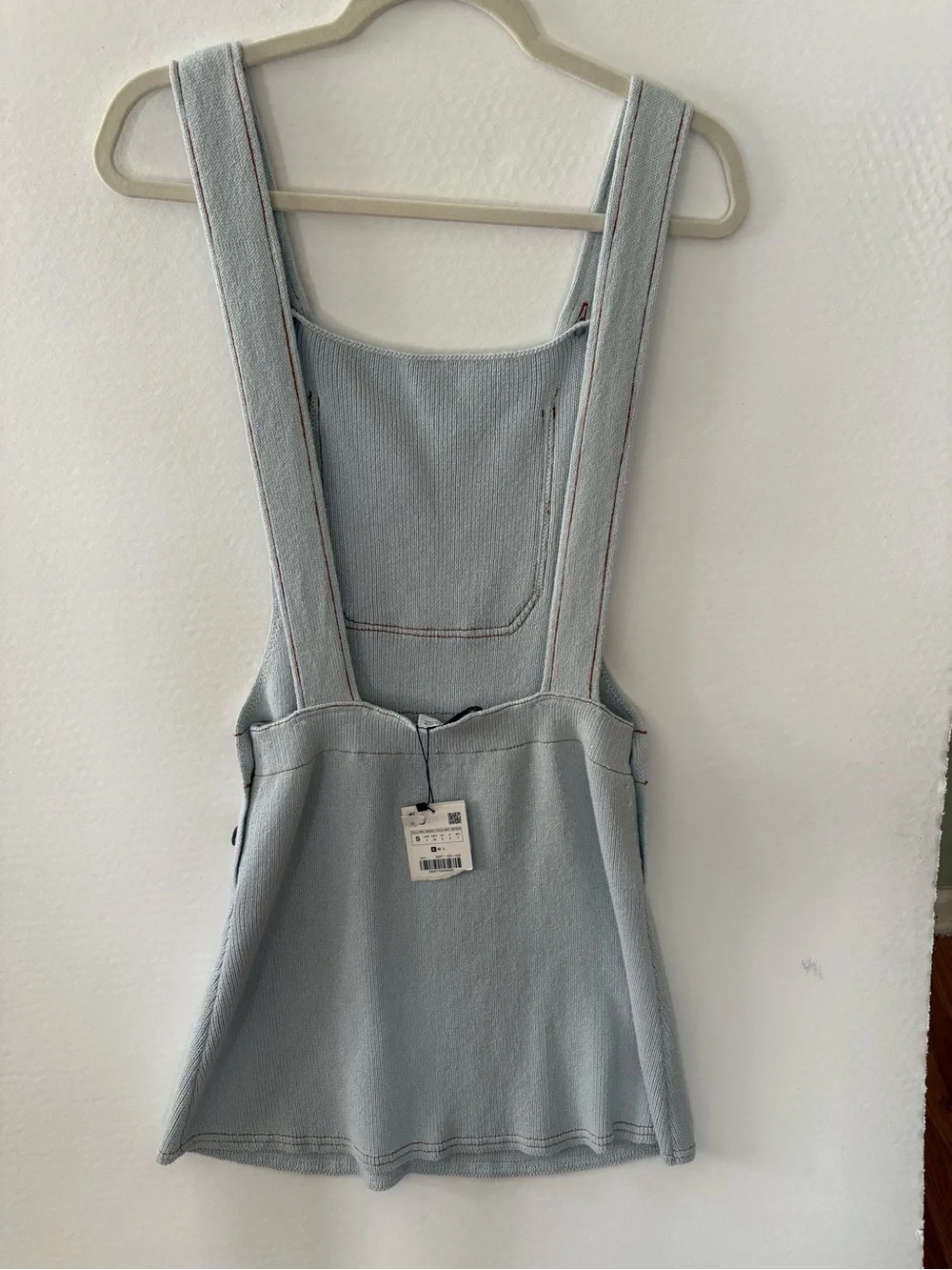 NWT Zara Pinafore Cotton Knit Overall Dress. Light Blue Small. Front Pocket.